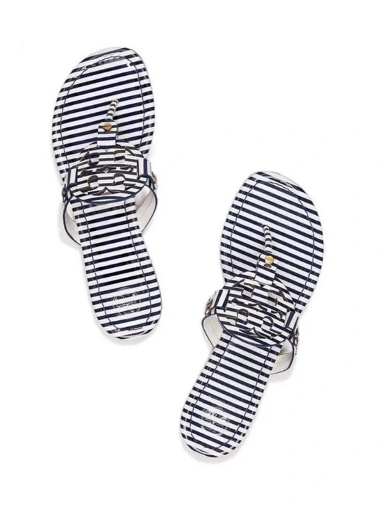 Tory Burch Navy & White Striped Patent Leather Miller Sandals - Picture 10 of 10